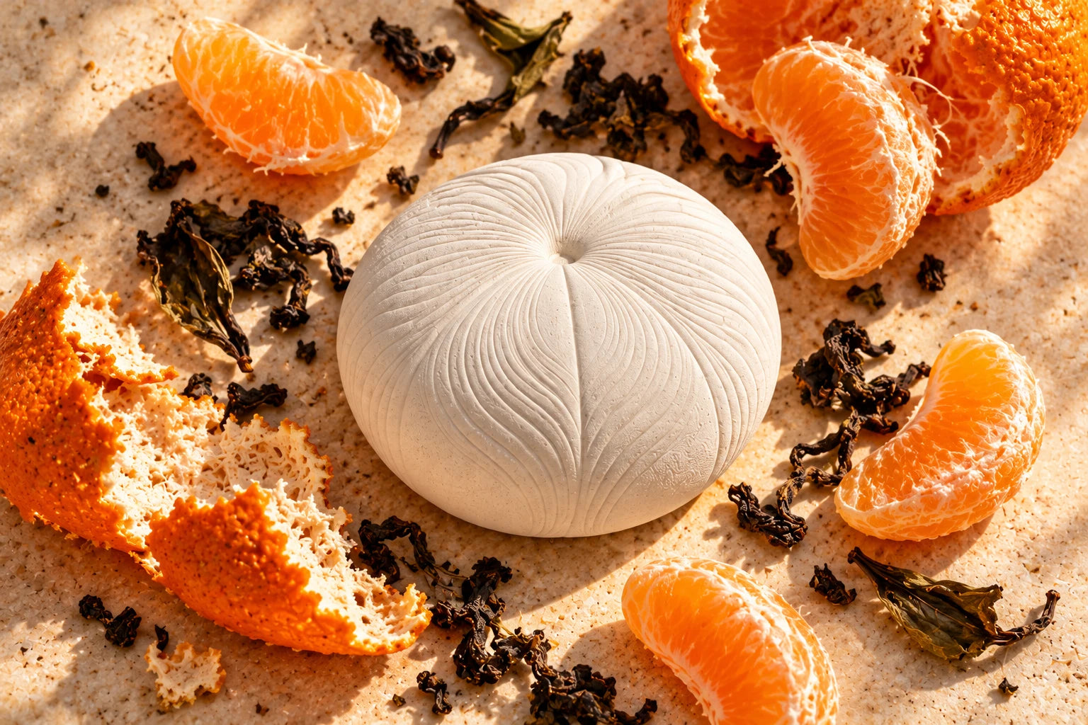 White mandarin-shaped aroma stone surrounded by fresh citrus and loose tea leaves