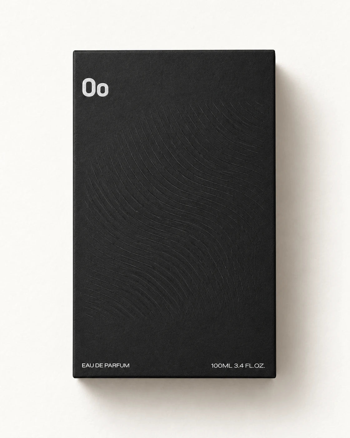 Closed black 100ml perfume box with embossed flowing waves